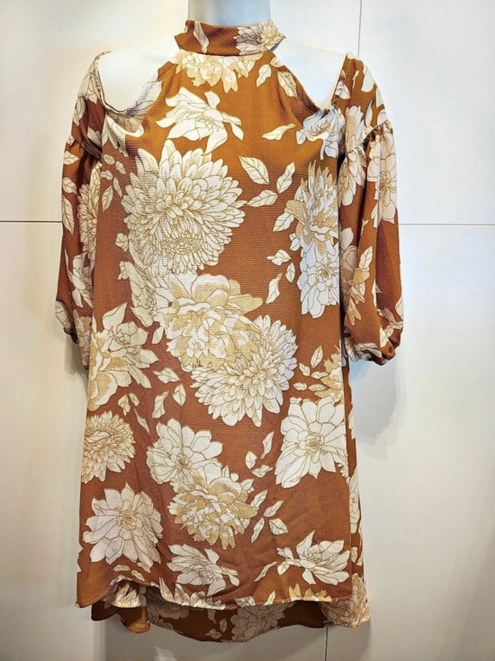 her. clothing rust floral cold shoulder high low dress size s